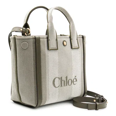 Chloé Carry Small Tote Bag In Dark Green Striped Canvas In Gray