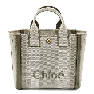 Chloé Carry Small Tote Bag In Dark Green Striped Canvas In Gray