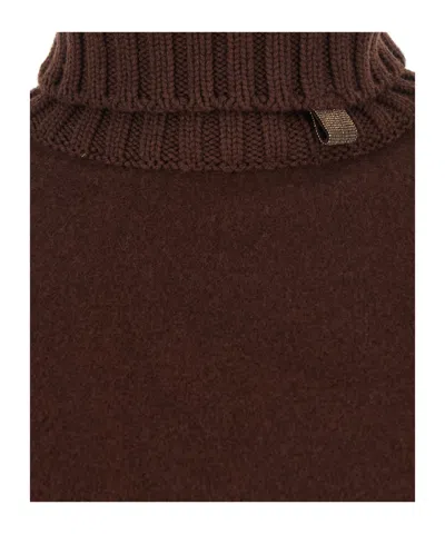 Fabiana Filippi Brown Cape With High Neck And Fringed Hem In Wool Blend Woman In Multi