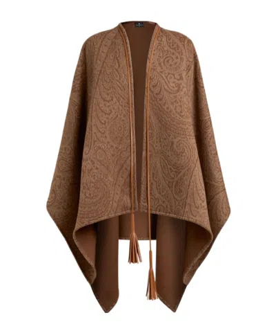 Etro Leather-trimmed Paisley-print Wool-blend Poncho In Brown