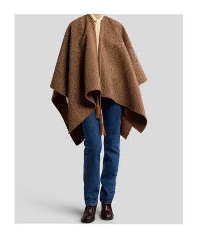 Etro Leather-trimmed Paisley-print Wool-blend Poncho In Brown