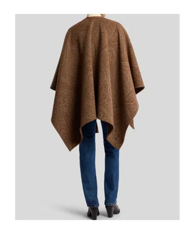 Etro Leather-trimmed Paisley-print Wool-blend Poncho In Brown
