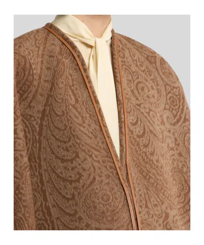Etro Leather-trimmed Paisley-print Wool-blend Poncho In Brown