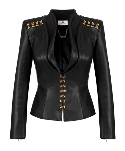 Elisabetta Franchi Faux Leather Jacket With Gold Hooks And Details On Shoulders In Black
