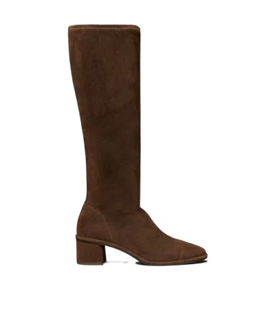 Tory Burch Cap Toe Knee High Boots 55mm Cocoa Suede In Brown
