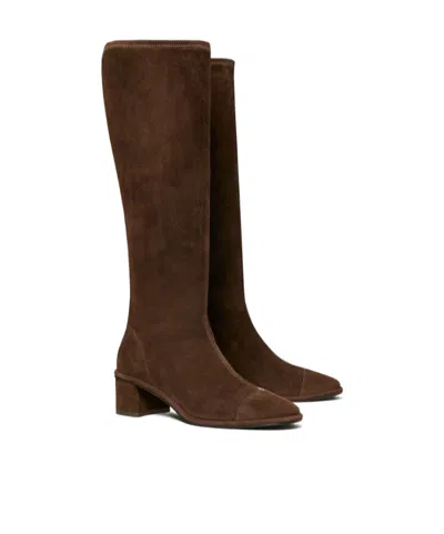 Tory Burch Cap Toe Knee High Boots 55mm Cocoa Suede In Brown