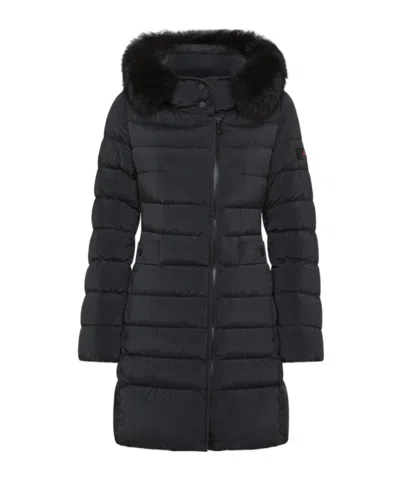 Peuterey Long Down Jacket With High Collar And Fur In Blue