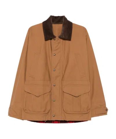 Junya Watanabe Cotton Canvas Jacket With Wool Back Insert And Corduroy Collar In Brown