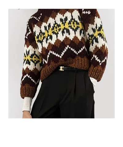 Celine Crewneck Sweater In Fair Isle Wool In Brown
