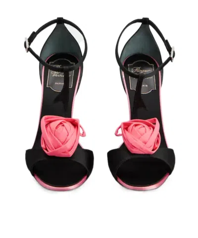 Roger Vivier Rose Vivier Satin T-strap Sandal In Black