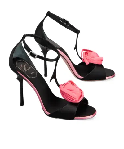 Roger Vivier Rose Vivier Satin T-strap Sandal In Black
