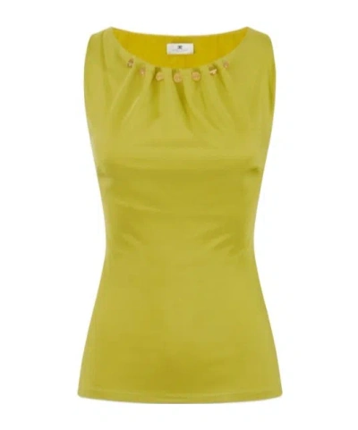 Elisabetta Franchi Fitted Sleeveless Top With Button Embellishments And Gathered Neckline In Green