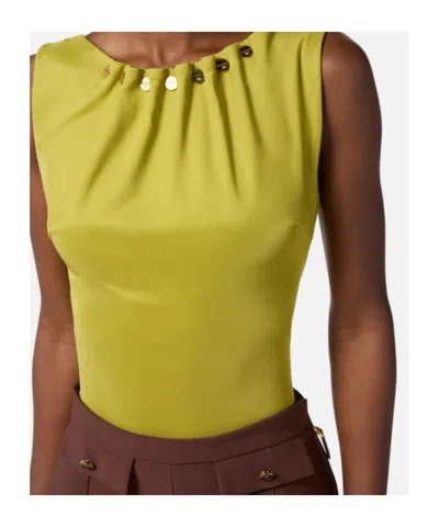 Elisabetta Franchi Fitted Sleeveless Top With Button Embellishments And Gathered Neckline In Green