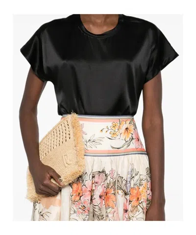 Pinko Satin Short Sleeve Round Neck Top In Black