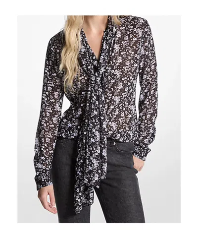 Michael Kors Floral Print Georgette Tie-neck Blouse In Black
