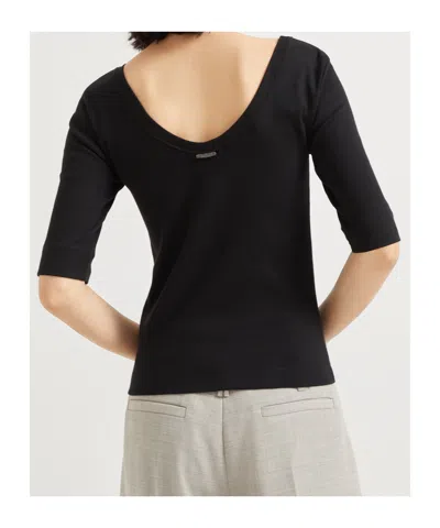 Brunello Cucinelli Ribbed Scoop Neck Short Sleeve Top In Black