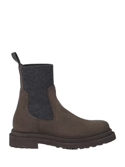 Brunello Cucinelli Women Suede Boot With Knitted Insert And Precious Loop Detail In Brown