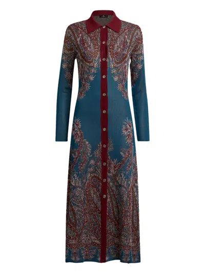 Etro Long Sleeve Maxi Length Paisley Pattern Dress In Blue