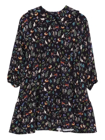 Il Gufo Cat-print Ruffled Dress In Blue