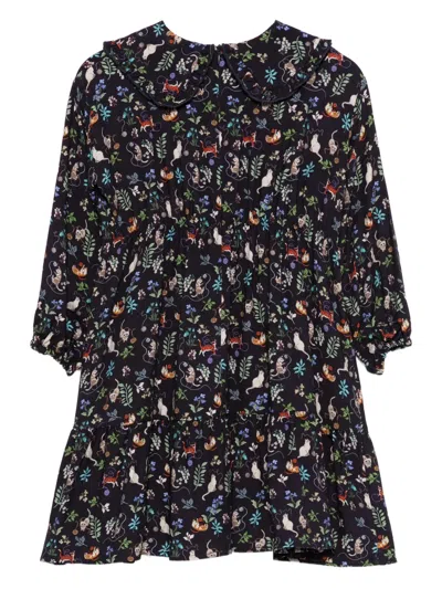 Il Gufo Cat-print Ruffled Dress In Blue