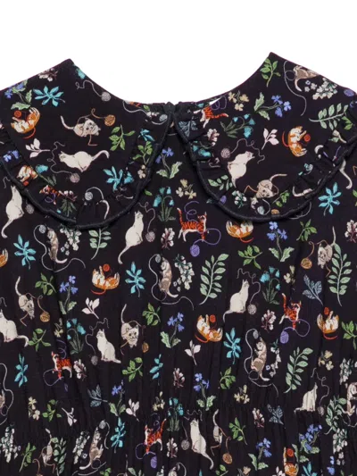 Il Gufo Cat-print Ruffled Dress In Blue