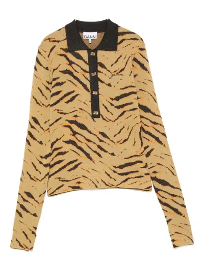 Ganni Fine Merino Jacquard Tiger Polo Sweater In Neutral