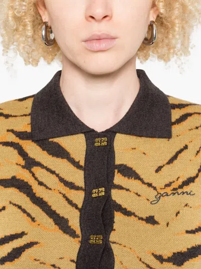 Ganni Fine Merino Jacquard Tiger Polo Sweater In Neutral