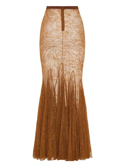 David Koma Floral Lace Maxi Skirt With Fishtail Hem And Zip Fastening In Brown