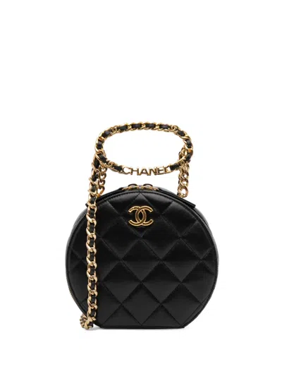Pre-owned Chanel 2021-2025 Quilted Lambskin Oval Logo Chain Top Handle Round Clutch On Chain Satchel In Black