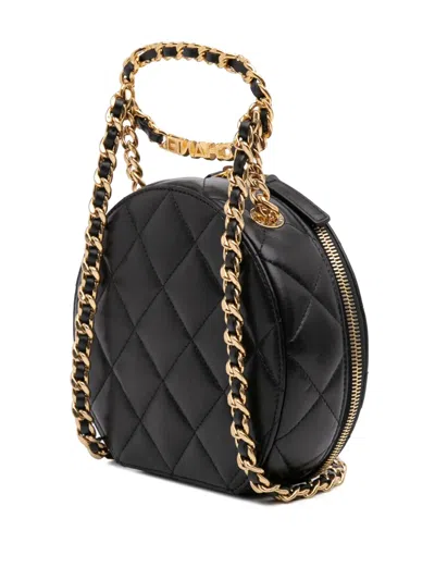 Pre-owned Chanel 2021-2025 Quilted Lambskin Oval Logo Chain Top Handle Round Clutch On Chain Satchel In Black