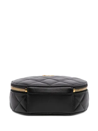 Pre-owned Chanel 2021-2025 Quilted Lambskin Oval Logo Chain Top Handle Round Clutch On Chain Satchel In Black