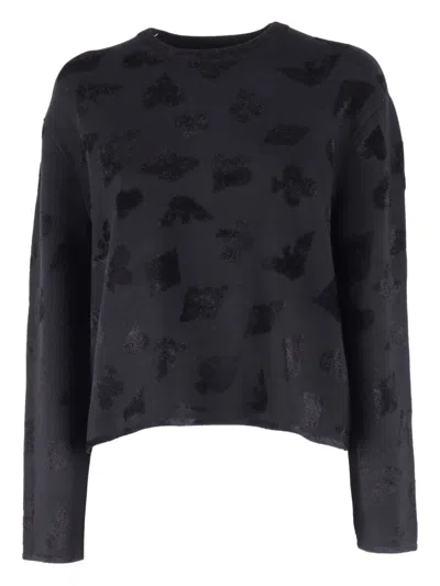 Emporio Armani Cropped Textured Knit Sweater With Abstract Patterns In Blue