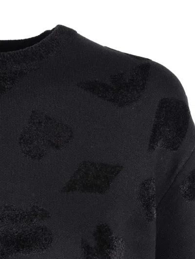 Emporio Armani Cropped Textured Knit Sweater With Abstract Patterns In Blue