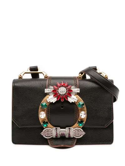 Pre-owned Miu Miu 2010-2025 Goatskin Madras Soft Calf Crystal Embellished Crossbody Bag In Black