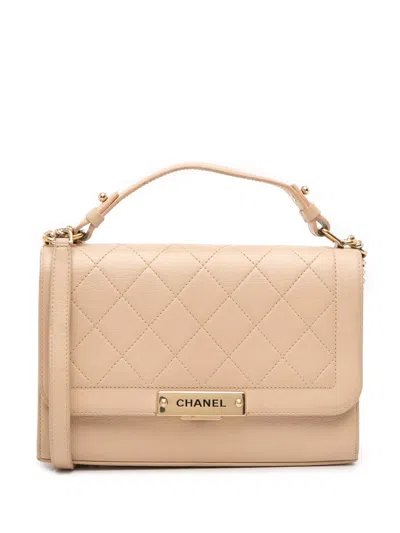 Pre-owned Chanel 2016-2017 Medium Quilted Calfskin Label Click Flap Satchel In Brown