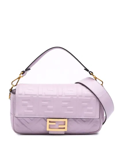 Pre-owned Fendi 2000-2010 Zucca Embossed Leather Baguette Satchel In Purple