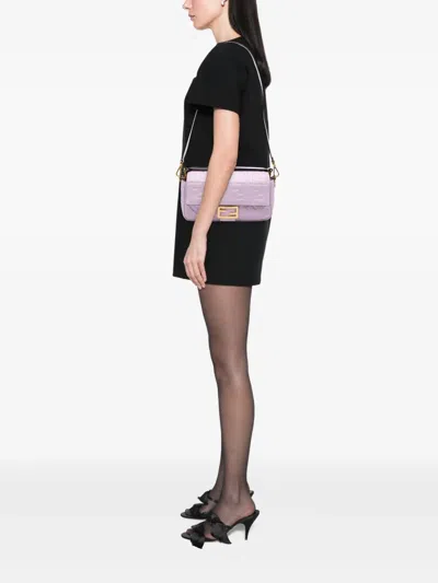 Pre-owned Fendi 2000-2010 Zucca Embossed Leather Baguette Satchel In Purple