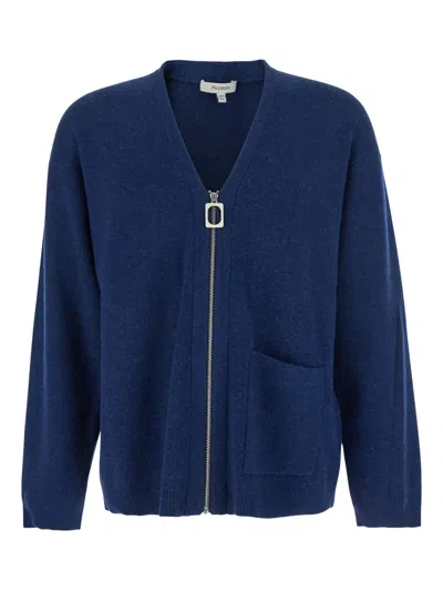 Jw Anderson Blue Cardigan With V Neck And And Front Zip Closure In Wool Blend Man In Blue