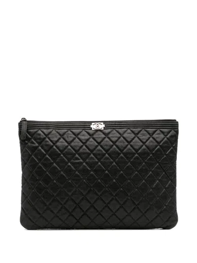 Pre-owned Chanel 2019 Large Quilted Caviar Boy O Case Clutch Bag In Black