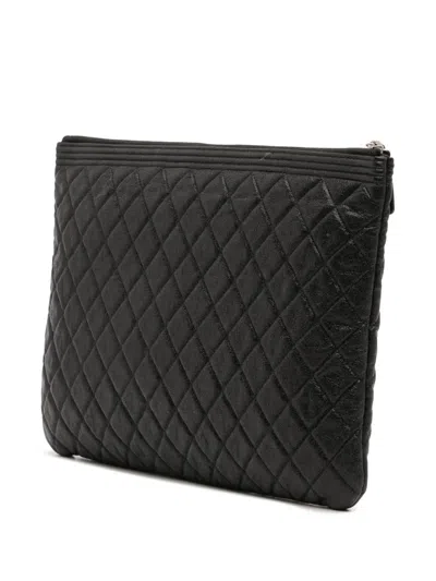 Pre-owned Chanel 2019 Large Quilted Caviar Boy O Case Clutch Bag In Black