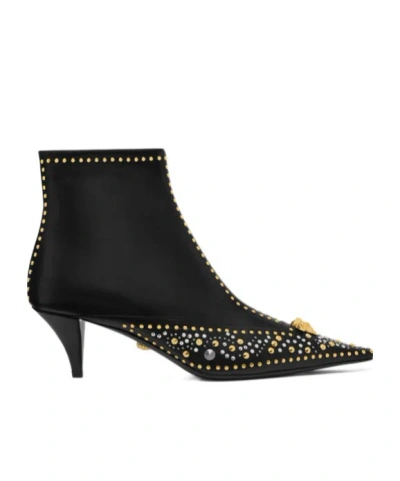 Versace Studded Leather Ankle Boots With Kitten Heel In Black