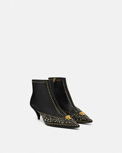 Versace Studded Leather Ankle Boots With Kitten Heel In Black