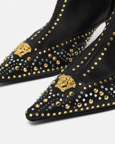Versace Studded Leather Ankle Boots With Kitten Heel In Black