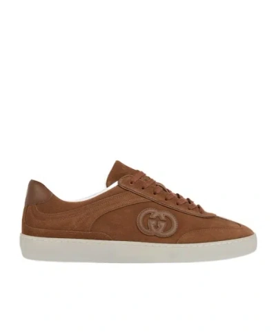 Gucci Suede Sneakers With Rounded Toe And Rubber Sole In Brown