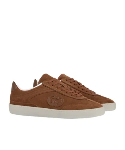 Gucci Suede Sneakers With Rounded Toe And Rubber Sole In Brown