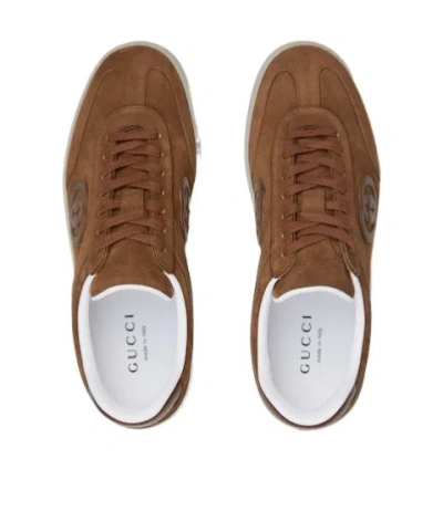 Gucci Suede Sneakers With Rounded Toe And Rubber Sole In Brown