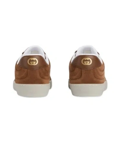 Gucci Suede Sneakers With Rounded Toe And Rubber Sole In Brown
