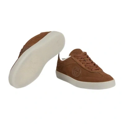 Gucci Suede Sneakers With Rounded Toe And Rubber Sole In Brown