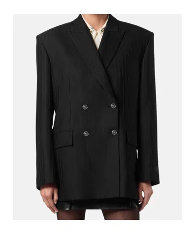 Versace Longline Wool Blazer Featuring Structured Shoulders In Black