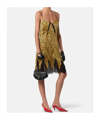 Versace Mini Robe Nuisette En Soie Cheetah Allover In Yellow